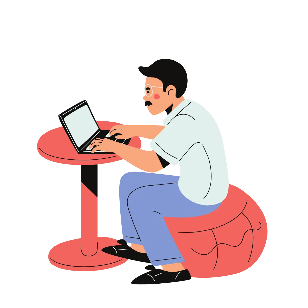 Cartoon laptop user working on a computer and accessing digital applications