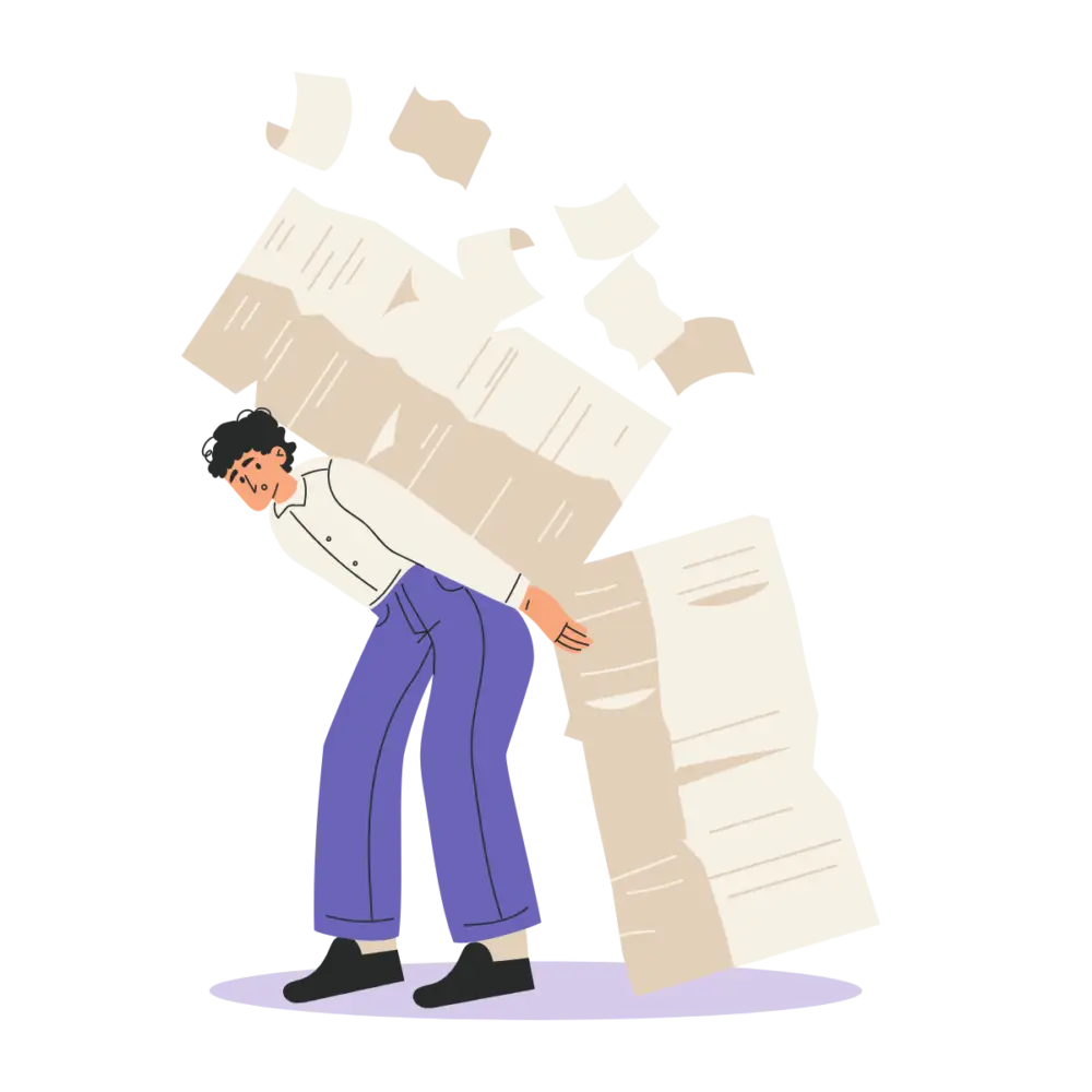Cartoon employee overwhelmed by a large workload and multiple tasks