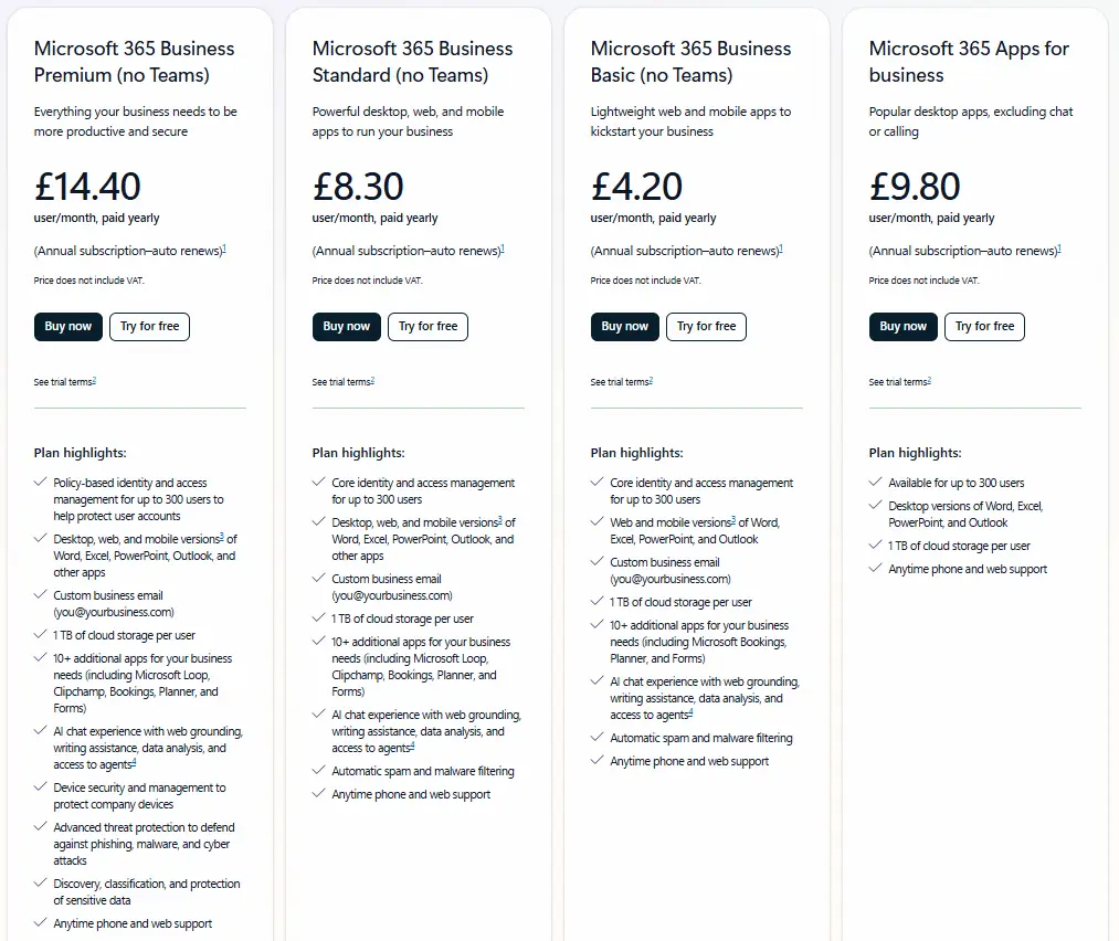 Microsoft 365 pricing plans without Teams, comparing subscription costs, apps and business features.
