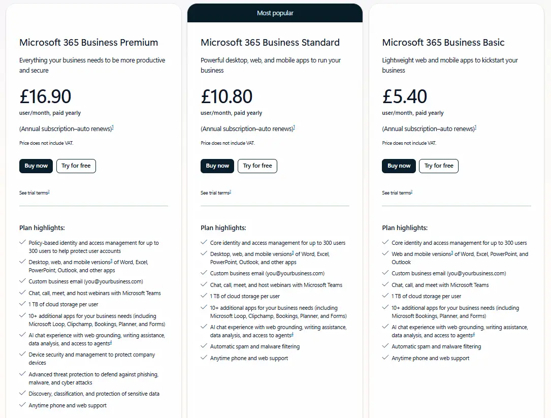 Microsoft 365 pricing plans comparison showing subscription costs and features for business and enterprise users.