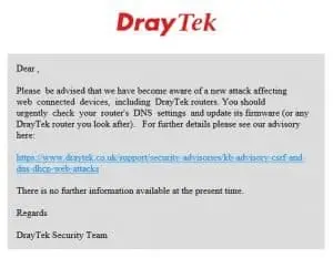 DrayTek router security warning and network protection alert