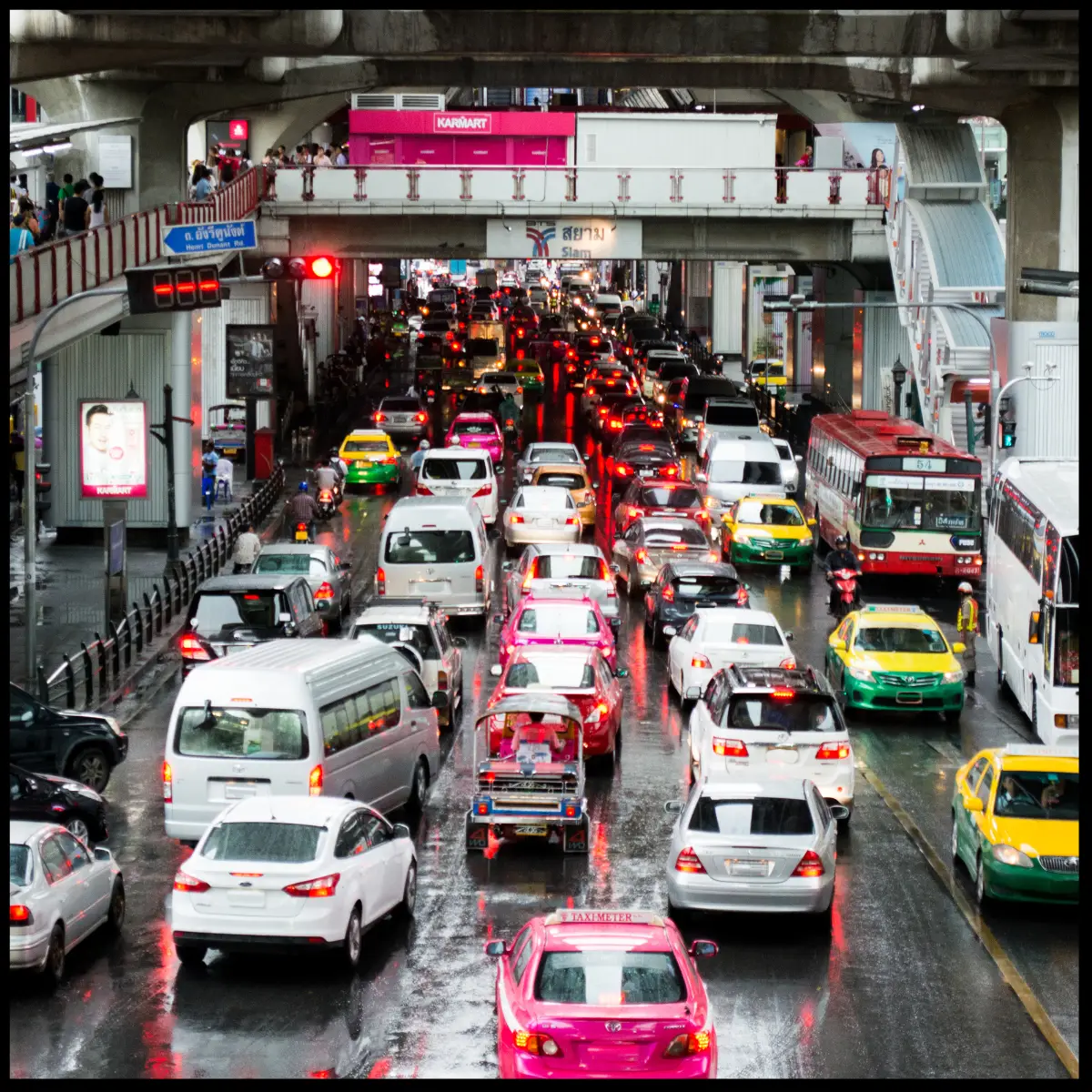 Traffic jam causing delays and congestion on a busy road