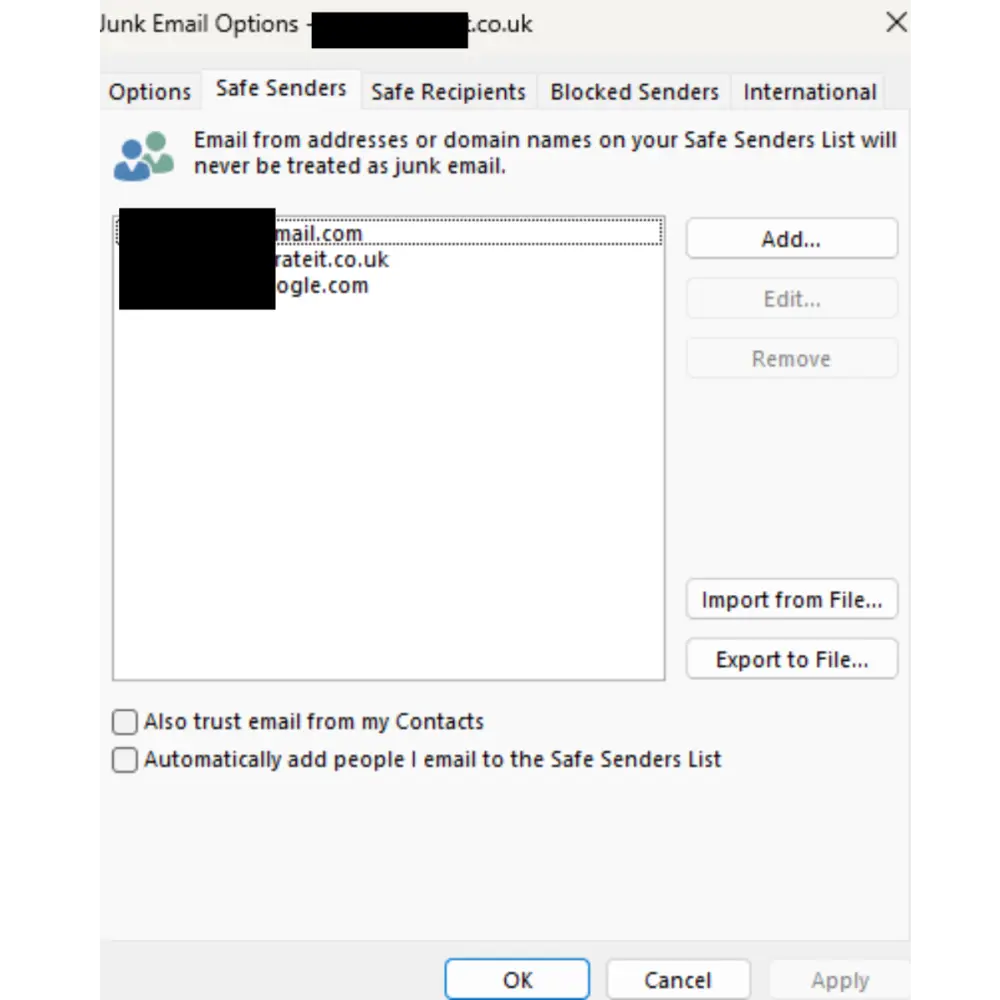 Safe Sender settings allowing trusted emails to bypass spam filtering