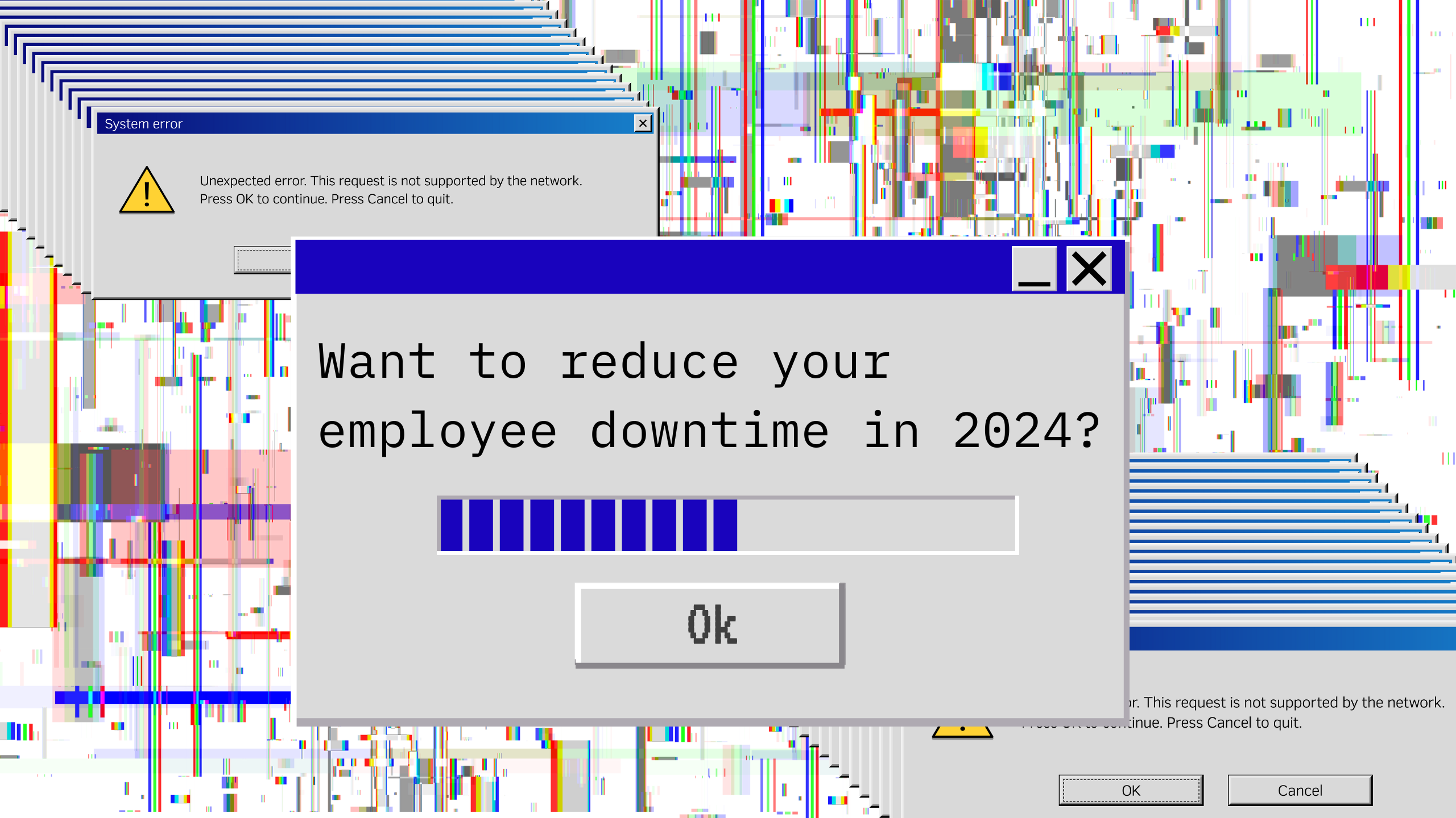 The image shows a broken screen with reducing employee downtime
